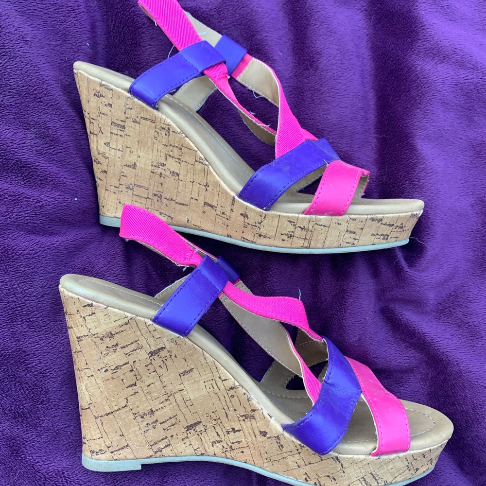 Pink and purple cork wedges size 8